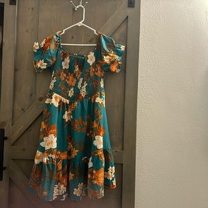 Tropical print off shoulder dress